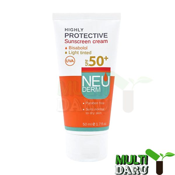 کرم ضد آفتاب SPF50 نئودرم مناسب انواع پوست بژ روشن 50 میل